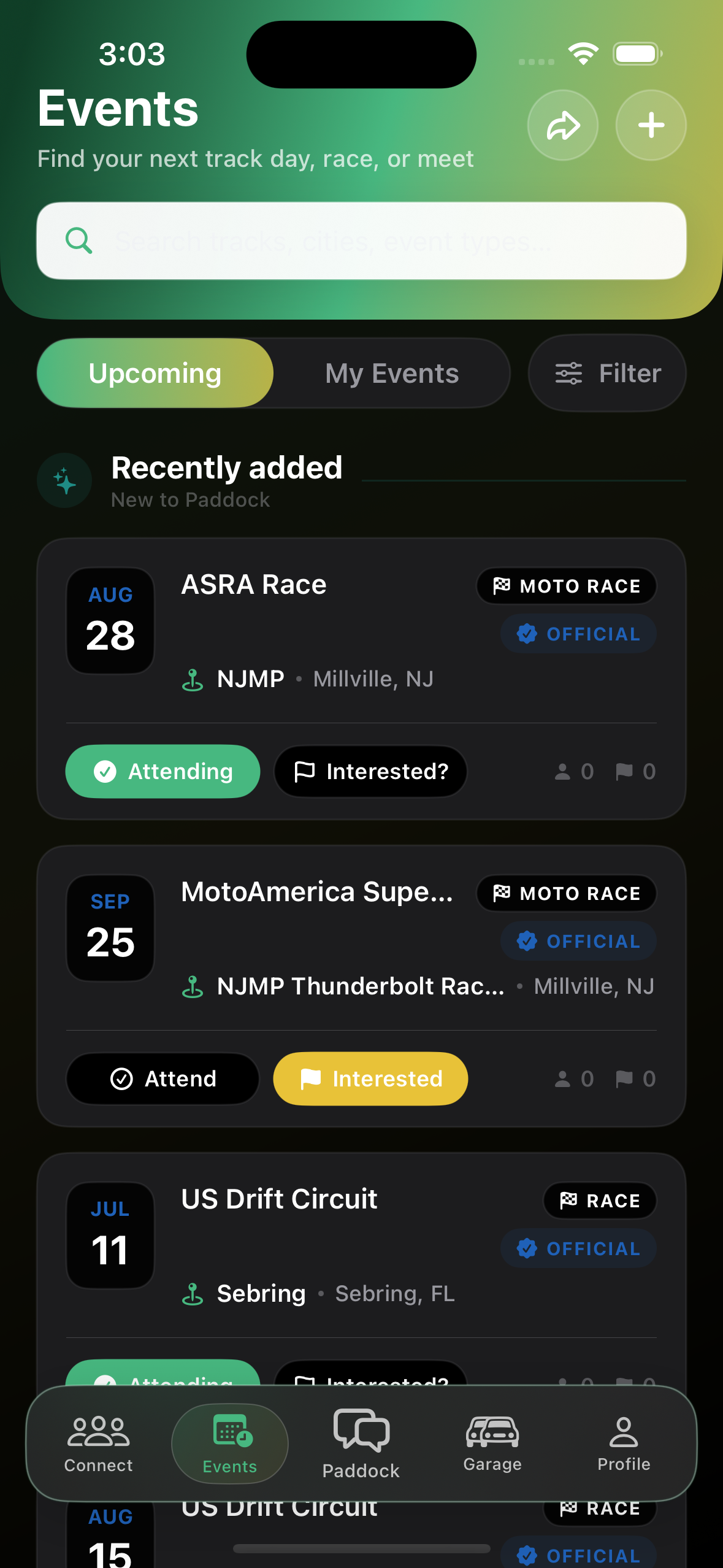 Events screen with motorcycle race and track events
